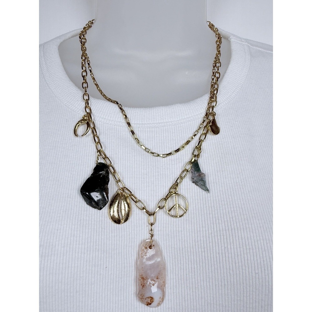 Boho Charm Necklace Gold Tone Layered Raw Stone Shell‎ Peace Sign Horseshoe 13"